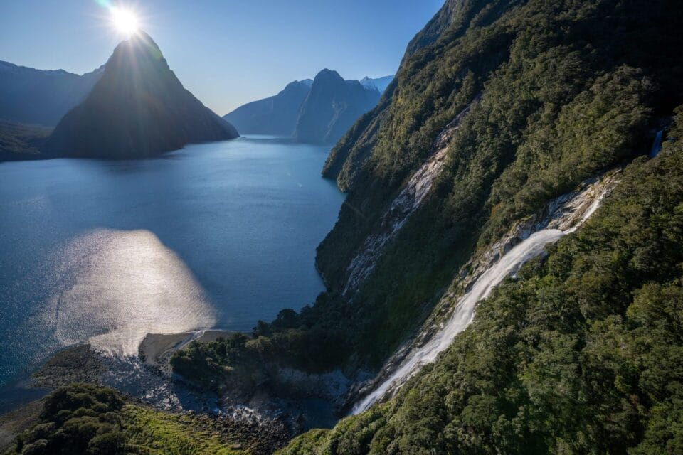 Bowen Falls and Mitre Peak the icons of Milford Sound.