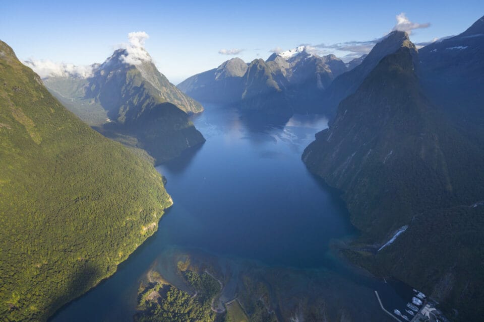 Shot of Milford Sounds from helicopter
