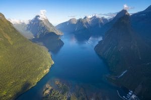 Shot of Milford Sounds from helicopter