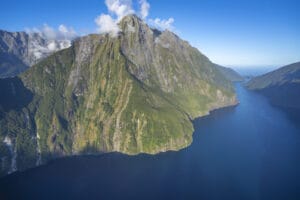 Mitre peak towering over Milford Sound, Fiordland.