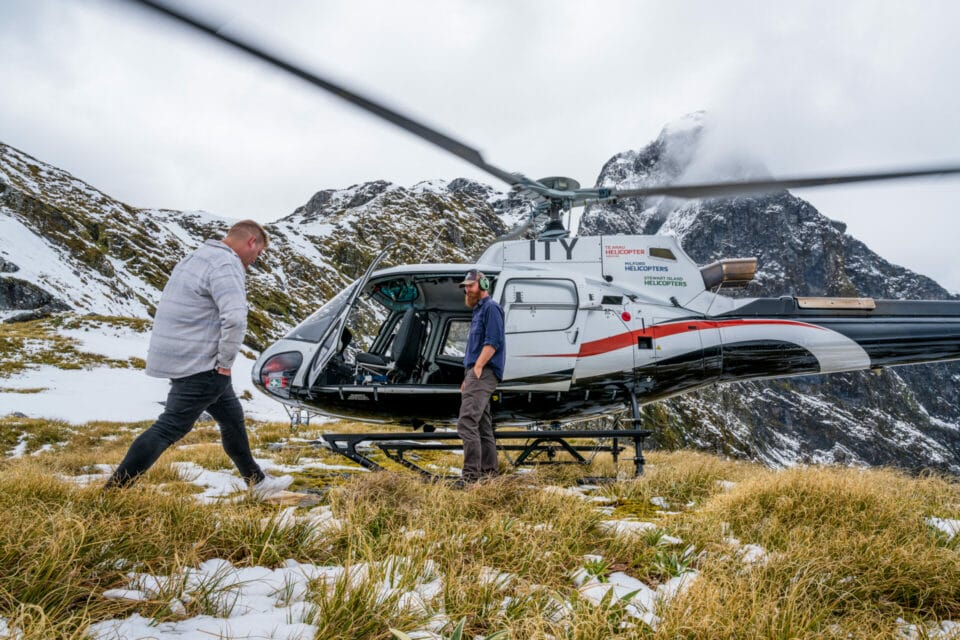 Landing with snow at the top of the Sutherland Falls